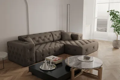 Productafbeelding van Designbank CHANTAL, hoekbank, bekleding: Opera Velvet, bruin, met hocker aan de rechterkant