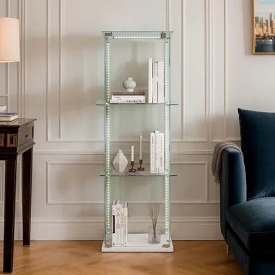 Zdjęcie produktu dla INONEFT Szklana witryna z oświetleniem LED, nowoczesna witryna z trzema półkami do salonu, sypialni, biura, idealna do eksponowania przedmiotów, wymiary: 123,3 x 39,8 x 35 cm, kolor: biały
