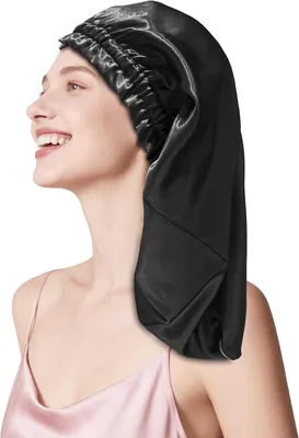 Zdjęcie produktu dla Czapka do spania 58 cm, czarna, 100% 22 Momme jedwab morwowy, do długich włosów