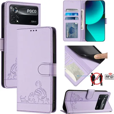 Produktbild von Leder Hülle für Xiaomi Poco X4 Pro 5G Süße Katze Flip Case Brieftasche Schutzhülle mit Standfunktion Lila