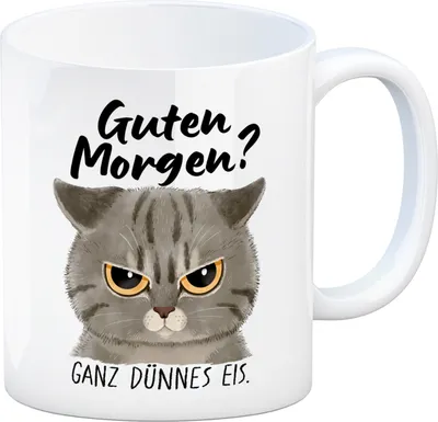 Produktbild von Morgenmuffel Katze Kaffeebecher mit Spruch Guten Morgen - Ganz dünnes Eis