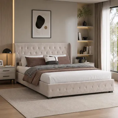 Produktbild von INONEFT Polsterbett 140x190 mit Stauraum, Hydraulisches Boxspringbett, Jugendbett Einzelbett mit Lattenrost, Ohne Matratze, Samt, Beige, KI-generiertes Bild