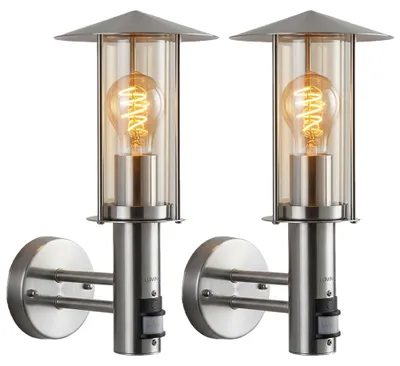 Produktbild von 2x Außenwandleuchte, Wandlampe, Bewegungsmelder, Silber, Edelstahl, Glas