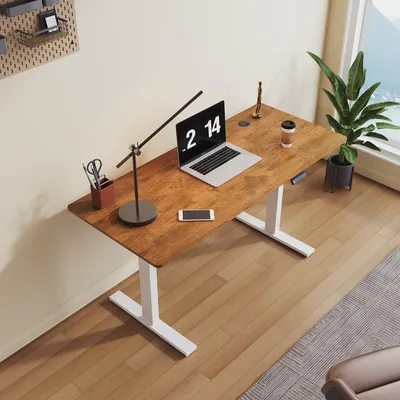 Image de Bureau réglable en hauteur, électrique, dimensions 140x60 cm, capacité de charge de 80 kg, structure blanche. Bureau ergonomique, réglable en position debout et assise