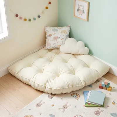 Image de Coussin de sol rectangulaire 100x100 cm, tapis de jeu pour enfants, coussin antidérapant pour enfants, coussin pour la salle de jeux – idéal pour la lecture, le yoga ou la méditation, couleur beige