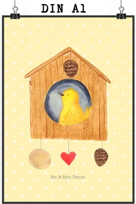 Produktbild von Mr. & Mrs. Panda Bild Vogel Haus DIN A1 - Gelb Pastell - Geschenk, typografie poster, wanddeko, Wandbild, Plakat, Wohnung, Zuhause, Castle, Home Sweet Home, Familie