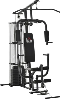 Obrázek produktu pro HOMCOM Gym Posilovací stanice s ocelovou sítí Posilovací stanice Multigym Fitness centrum Posilovací stroje včetně 45 kg závaží Lat pull-down Leg curl Kovová Imitace kůže