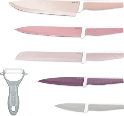 Produktbild von Navaris Messer Set 6-teilig inkl. Schäler - 5x Edelstahl Küchenmesser und 1x Keramik Gemüseschäler - Fleischmesser Brotmesser - Messerset bunt