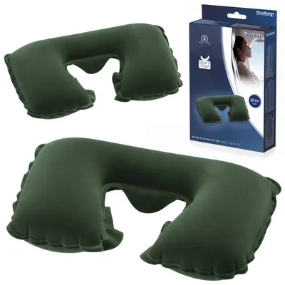 Collage showing an inflatable travel pillow and its packaging.