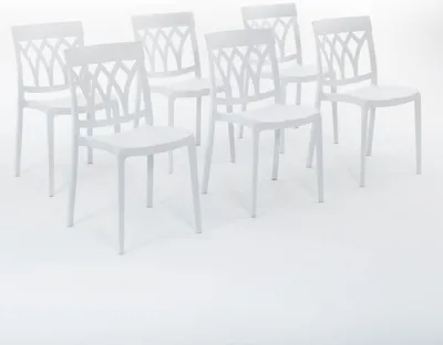 Immagine prodotto di set di 6 sedie impilabili in polipropilene con fibra di vetro per uso esterno e giardino, bar e ristorante, cucina design moderno - EMMA - Bianco