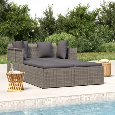 Produktbild von The Living Store Sonnenliege mit Kissen Grau 182x118x63 cm Poly Rattan