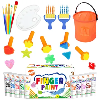 Produktbild von Fingerfarben Set Kinder - 10 Farben - Ungiftig und abwaschbar - Mit Pinseln, Schwämmen und Palette