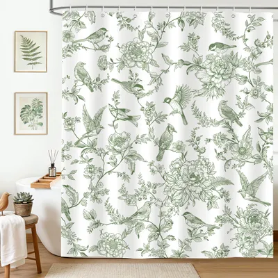 Produktbild von Duschvorhang im Retro-Landhausstil, 180 x 200 cm, salbeigrün, mit Blumen- und Vogelmotiv. Aus Polyester, wasserdicht, maschinenwaschbar und mit 12 Ringen ausgestattet.