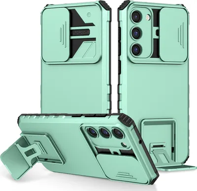 Produktbild von Galaxy S23 Hülle, Dual Layer Ständer Schutzhülle mit Schiebe Kamera Schutz für Samsung Galaxy S23 Türkis