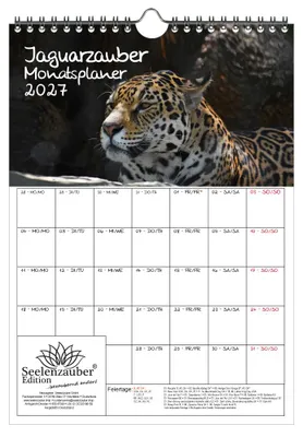 Produktbild von Jaguarzauber Planer DIN A4 Kalender für 2027 Jaguar - Geschenkset Inhalt: 1x Kalender 1x Weihnachtsanhänger 1x Grußanhänger (gesamt 3 Teile)