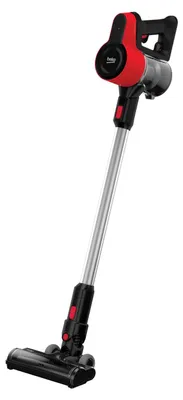 A red and black cordless vacuum cleaner is shown against a white background.