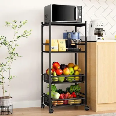 Produktbild von Famanu Küchenregal 4 Etagen - Robustes Metallregal mit Rollen, Schwarz