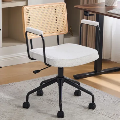Produktbild von Chenille-Bürostuhl mit Flechtlehne, Armlehnen und Rollen, Elfenbein