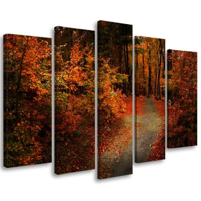 Image de Tableau en toile 5 pièces feuilles d'automne forêt nature 200 x 100 cm Feeby orange tableau mural prêt à accrocher