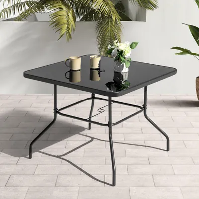Produktbild von Outdoor Esstisch mit Schirmloch und Tischplatte aus gehärtetem Glas, Schwarz
