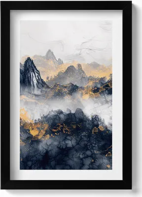 Produktbild von Abstrakte Landschaft mit Bergen zwischen den Wolken– Wandbild mit Rahmen – Gerahmtes Bild – Wanddekoration – 20x30 cm – Schwarz