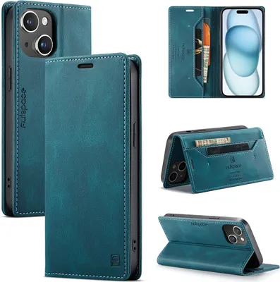 Produktbild von iPhone 15 Brieftasche Hülle, Retro Kunstledertasche Stand Schutzhülle für iPhone 15 Blau