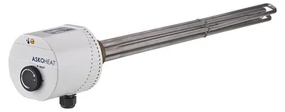 A white electric heating element with a control knob and metal heating rods, isolated on a white background.