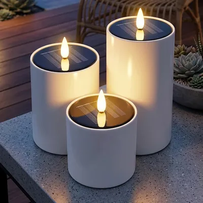 Produktbild von Solar LED Stumpenkerzen mit Flammen Effekt 3er Set - 12 / 10 / 7 cm - Künstliche Kerze warm weiß für Außen mit Flackereffekt