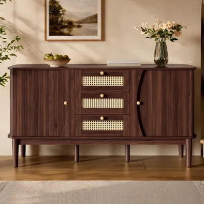 Produktbild von Merax Sideboard 140 cm, Rattanschrank mit 3 Schubladen & 2 Schiebetüren, rustikal, Holzoptik, Stauraum Wohnzimmer Flur, Walnuss