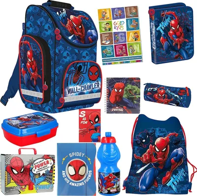 Produktbild von Schulranzen Set 11er Ranzen Tornister Federmappe Turnbeutel Turnsack Brotdose Trinkflasche Aufgabenheft für die Grundschule Spiderman Motiv