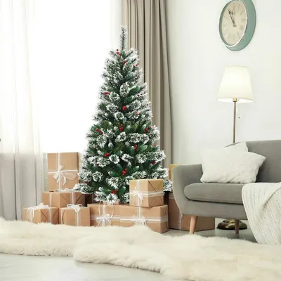 Productafbeelding van Kunstkerstboom - Nepspar - Kunstboom - Kerstboom - Tafelkerstboom - Met Sneeuweffect en Rode Bessen