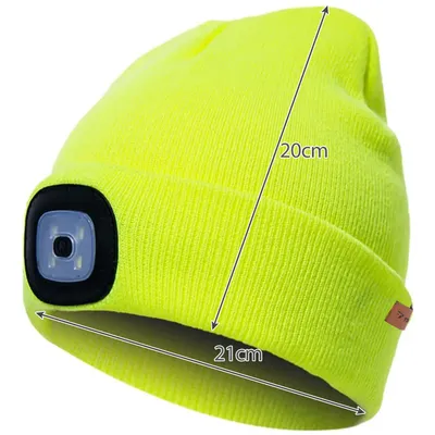 A bright yellow beanie with an integrated LED light.