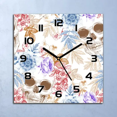 Produktbild von Wanduhr Echt-Glas-Küchenuhr Schädel und Blumen Quarz 30x30 Deko Bilder