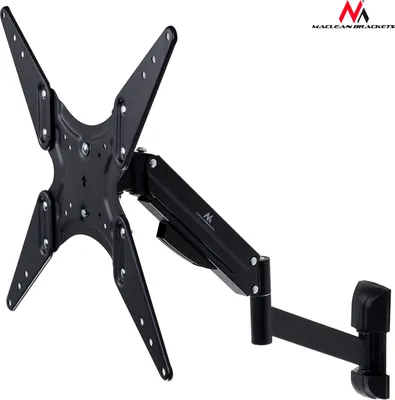 A black TV wall mount with an articulated arm is shown against a white background.