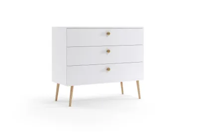 Produktbild von Kommode 100 cm Weiß mit Schubladen Holzbeine Boho Skandi Sideboard modern