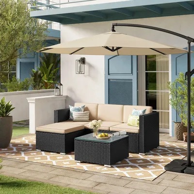 Imagen del producto de Conjunto de jardín - Mueble de exterior - Juego de jardín - Banco de exterior - Sofá de tres plazas con reposapiés - Fabricado con ratán sintético resistente a la intemperie