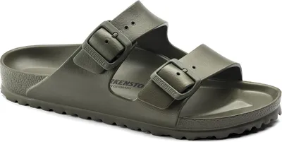 Produktbild von Kaufen Sie die Birkenstock Arizona EVA Khaki mit schmalem Fußbett bei Kicksshop. Leichte grüne Damensandale im ikonischen Birkenstock-Design.