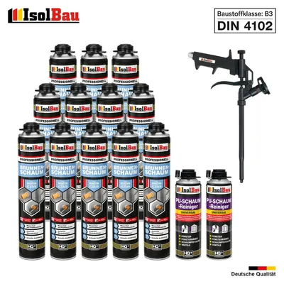 Isolbau Brunnenschaum-Set - Inkl. 12x Brunnenschaum (750 ml) & 2x Reiniger (500 ml) & 1x Schaumpistole
