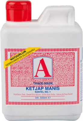 A bottle of Ketjap Manis (sweet soy sauce) with its label.