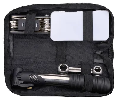Produktbild von Dunlop Fahrrad Werkzeug Set 14 teilig - Fahrrad Reparaturset mit Mini Pumpe und Flickzeug - Multitool Fahrrad Werkzeug - Kompakte Fahrradtasche - 22,6 x 10,6 x 6 cm