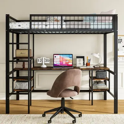 Obrázok produktu pre Poschodová posteľ 90x200 cm, čierna, z kovu, s doskou z drevotriesky, vrátane stola a políc, so štvorstupňovým rebríkom, vhodná do spálne