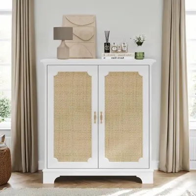 Produktbild von Sideboard 80x38x86 cm Vitrine Buffet Weinschrank Rattan-Dekortueren Kuechenbuffet Konsolentisch dekorativer Schrank Flur Eingangsbereich Wohnzimmer