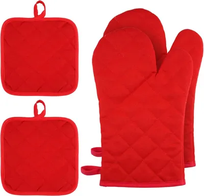 Produktbild von 4 Stück hitzebeständige Ofenhandschuhe für Kochen, Backen und Grillen mit 2 Mini-Ölpinseln, rutschfeste Baumwollhandschuhe, rot