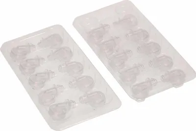 Two clear plastic trays, each containing multiple small, clear plastic components, arranged side-by-side on a white background.