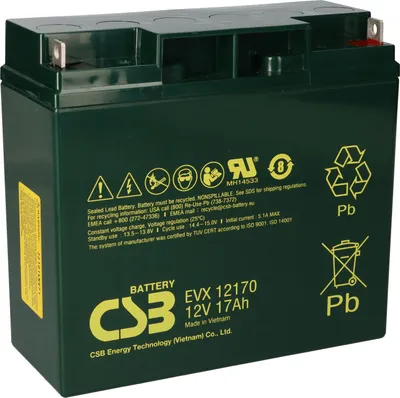 A dark green battery with yellow text and symbols on a white background.