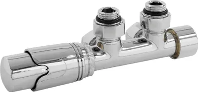 A chrome-plated thermostatic radiator valve set with a thermostat head and middle connection.