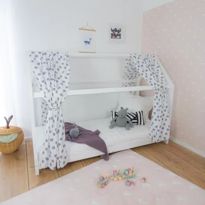 Produktbild von Puckdaddy Hausbett Vorhang Freya 146x298cm 2er Set Stoffhimmel mit Sternen Muster in Weiß