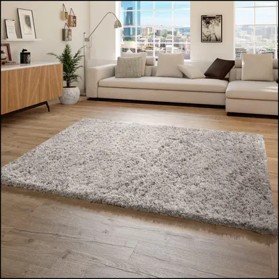 Produktbild von Hochflor Teppich Shaggy Unifarben Schlafzimmer schmutzabweisend Grau Rechteckig 120x160 | 100% Polyester | Florhöhe: 70 mm | pflegeleicht