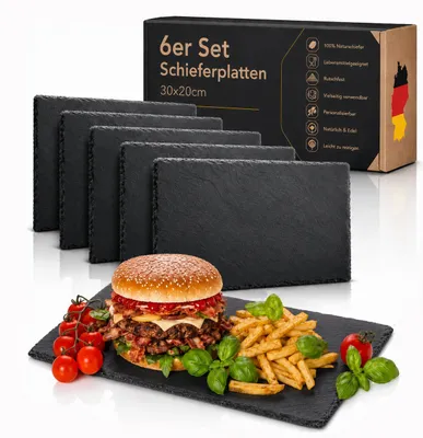 Produktbild von 6er Set 30x20cm Schieferplatte grau, Servierplatte Naturschiefer, Sushi Tischset, Teller, große Servierplatten aus Schiefer, zum Servieren & Beschriften
