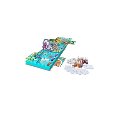 A toy playset with colorful components and bottles of liquid.